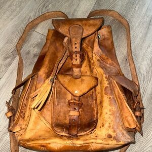 Vintage Distressed Tan Leather Rugged Large Oversized Backpack Carryall Bag